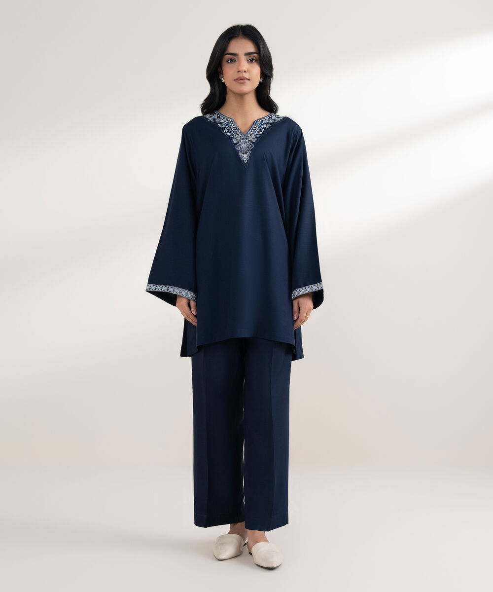 Women's RTW Arabic Khaddar Embroidered Navy Blue Straight Shirt