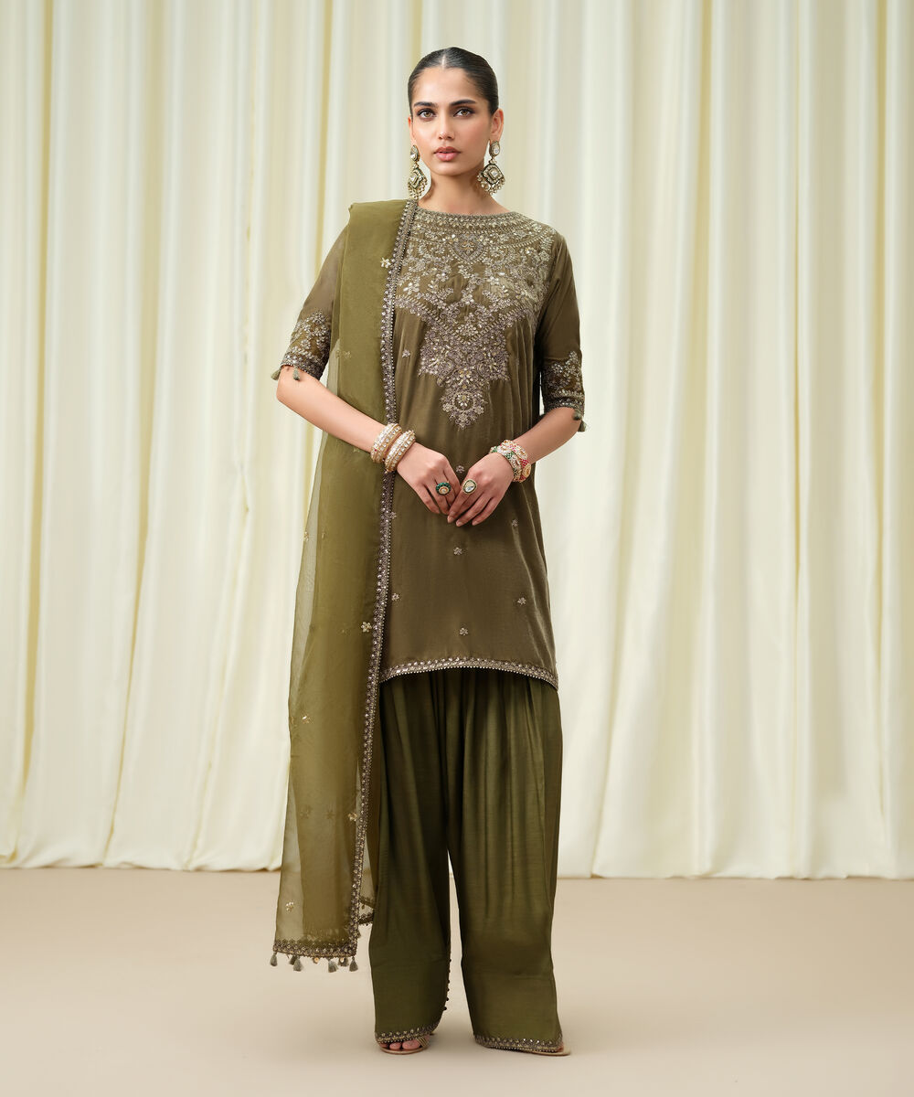 Women's Unstitched Velvet Embroidered Green 3 Piece Suit