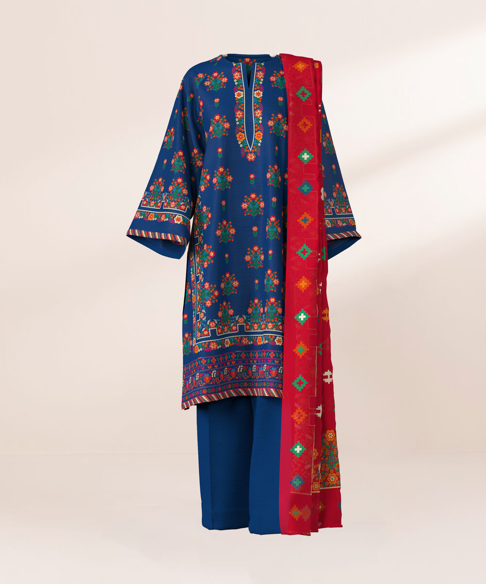 Women's Unstitched Khaddar Printed Blue  3 Piece Suit