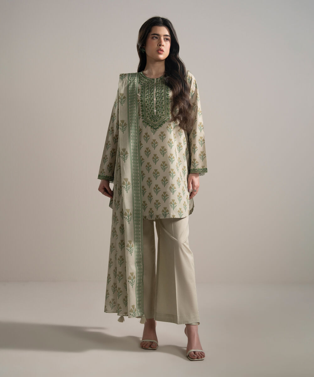 Women's RTW Cambric Embroidered Beige 3 Piece Suit