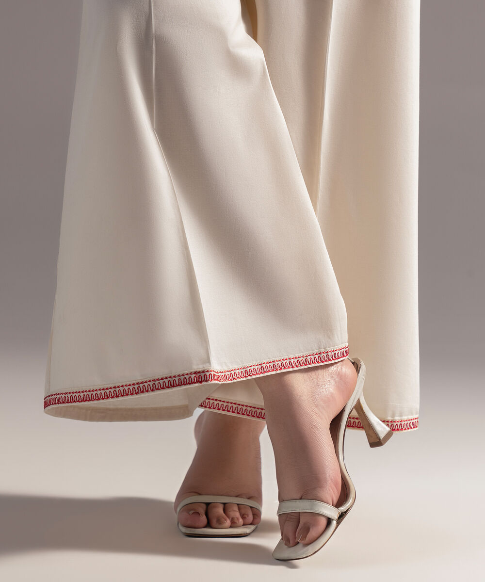 Women's RTW Cambric Embroidered Beige Flared Pants