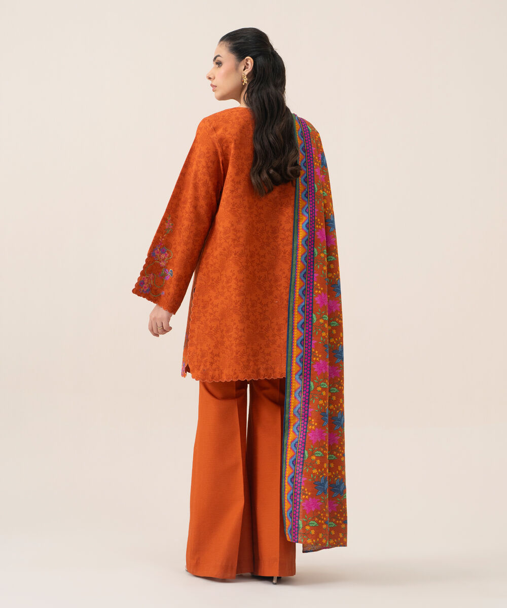 Women's Unstitched Premium Khaddar Embroidered Burnt Orange 3 Piece Suit