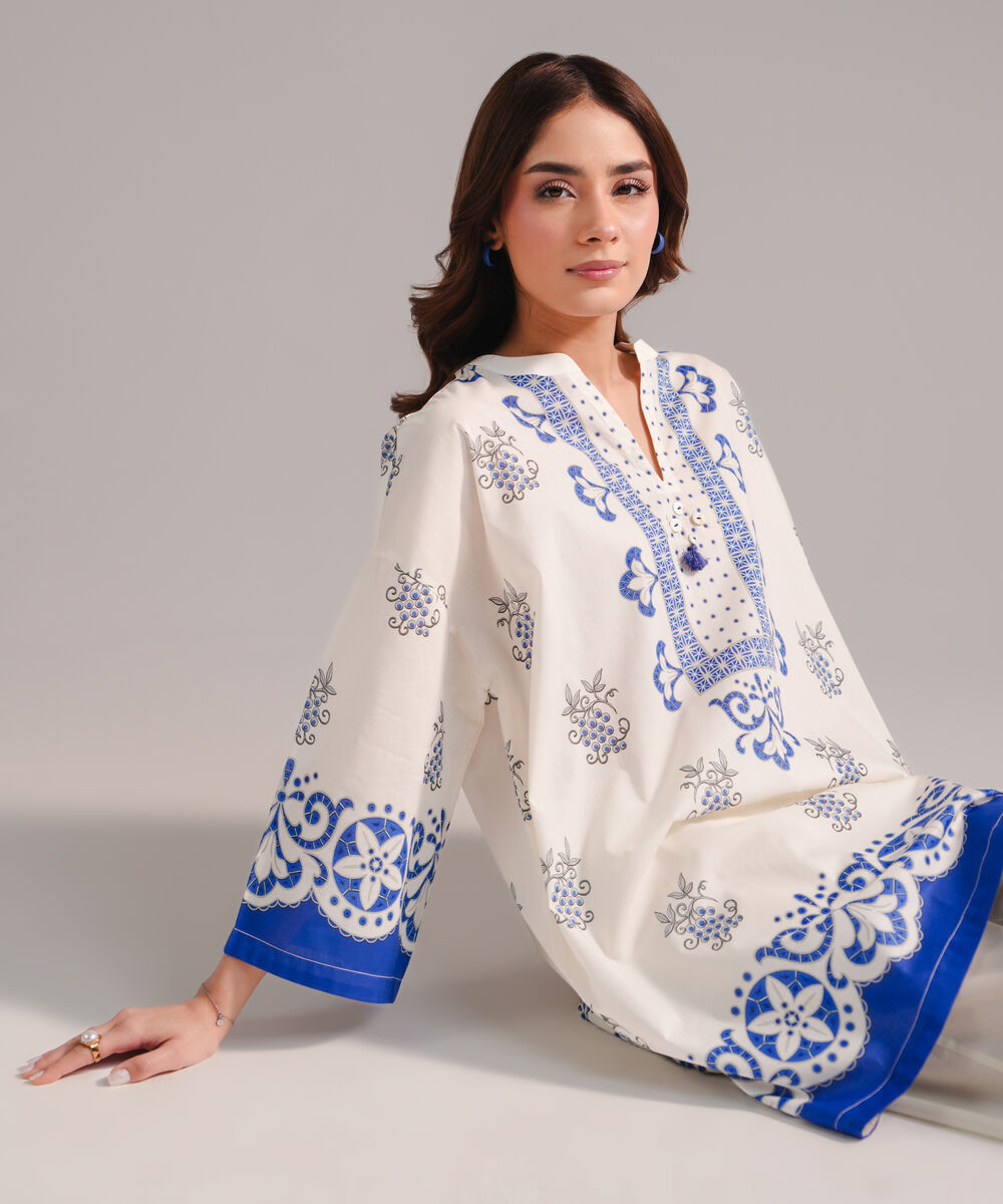 Women's RTW Lawn Printed Off White Straight Shirt