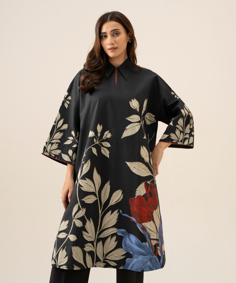Women's Unstitched Cotton Printed Black 2 Piece Suit