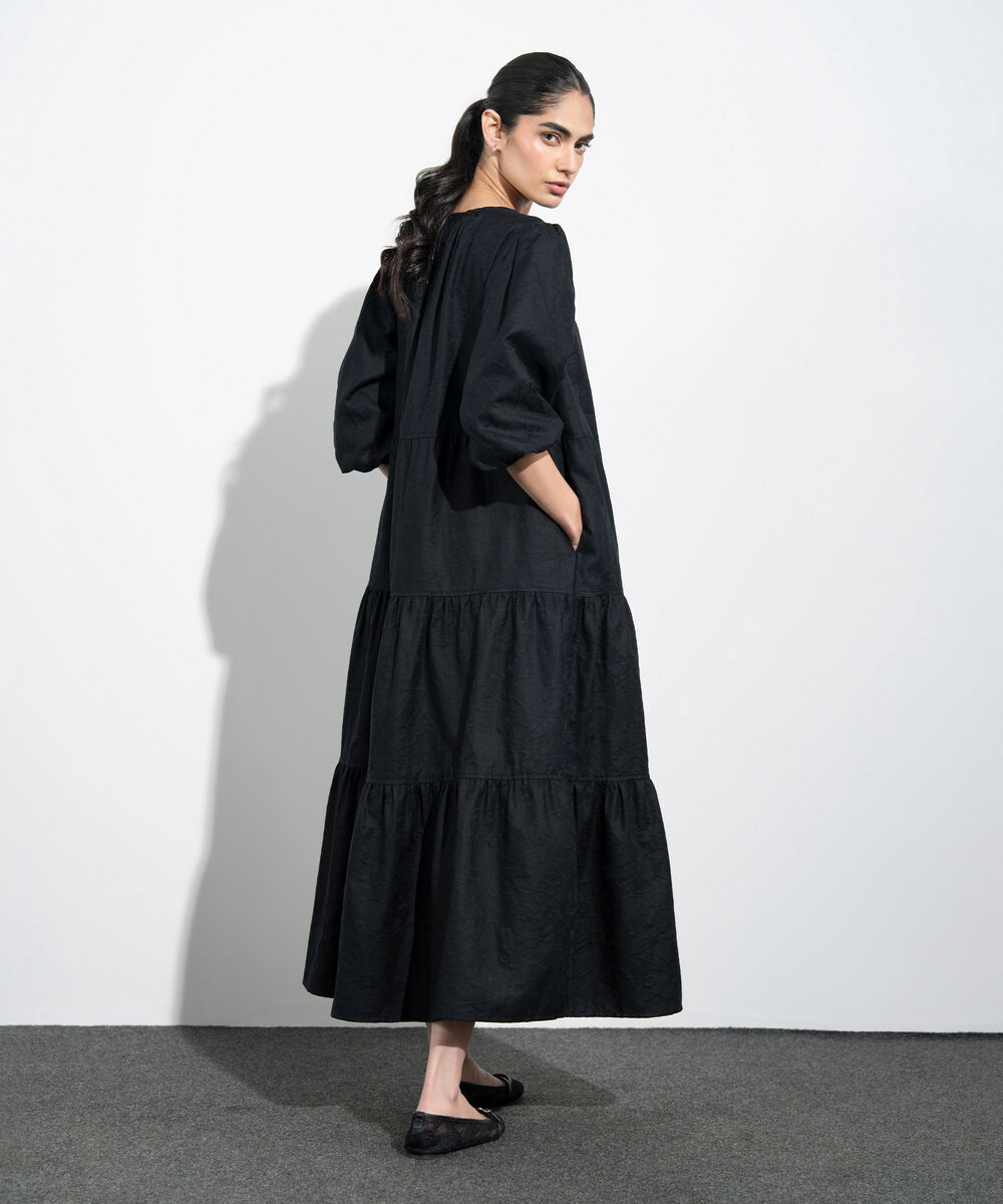 Women's Western Black Floral Textured Jacquard Dress