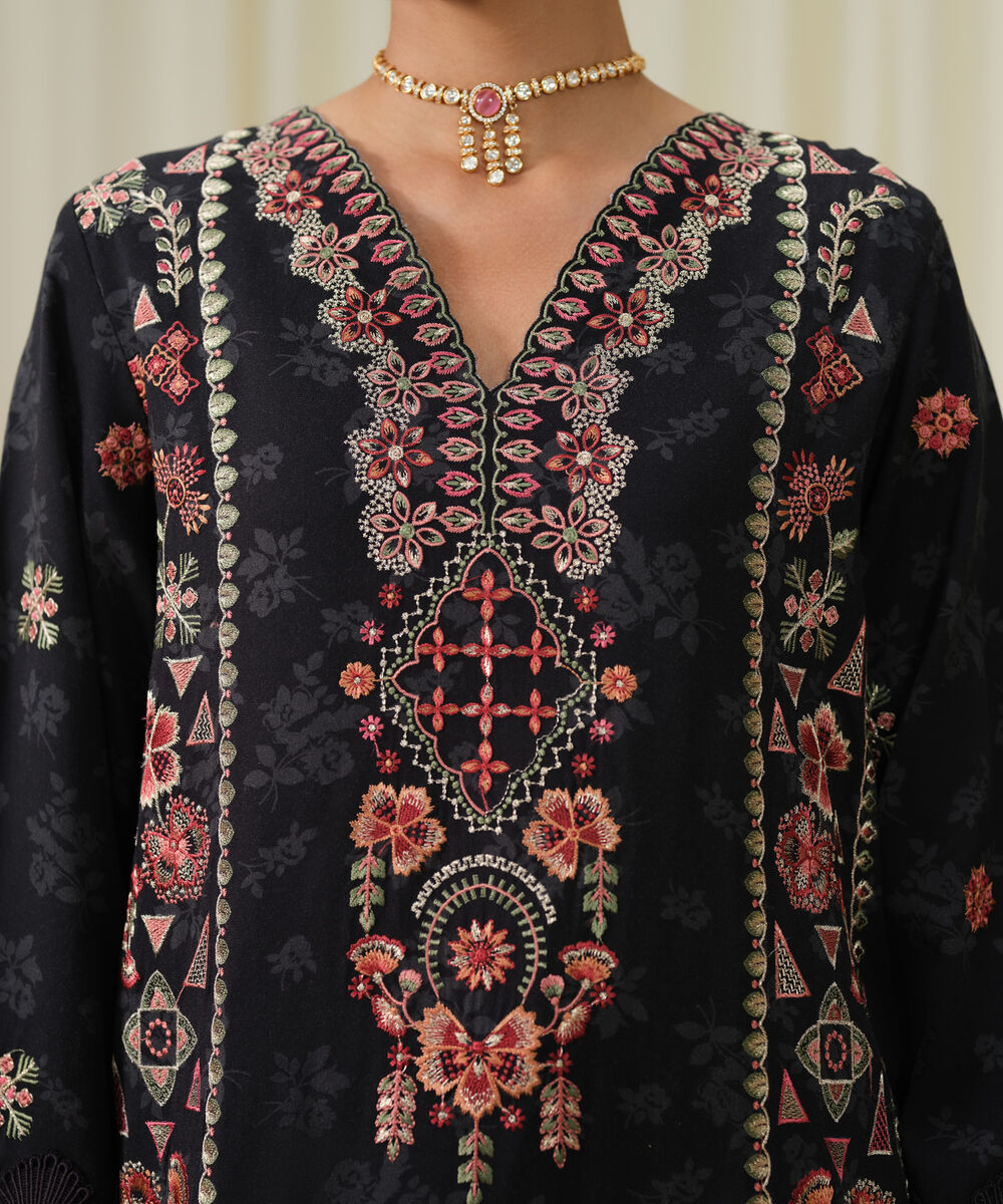 Women's Unstitched Embroidered Twill Grey and Black 3 Piece Suit