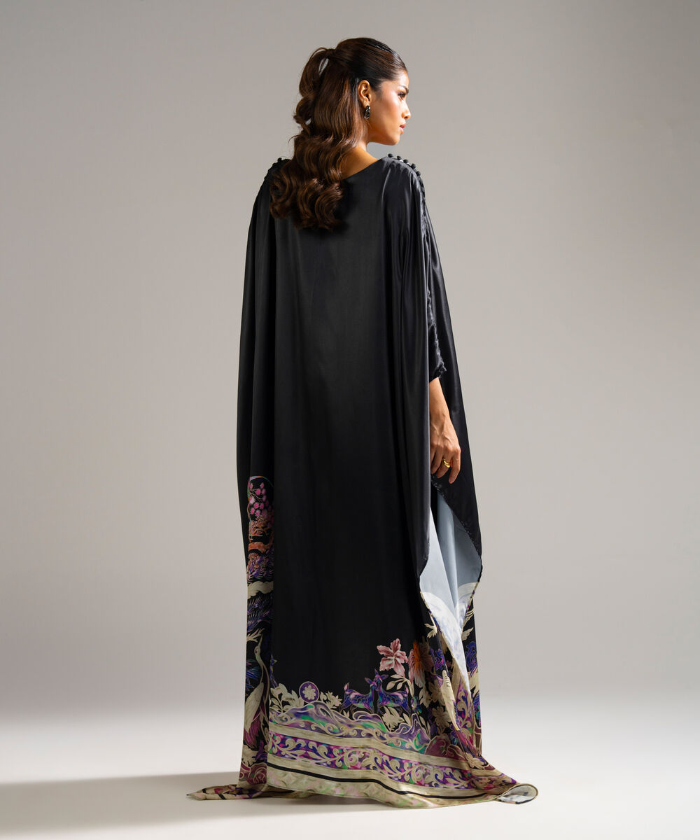 Women's RTW Blended Satin Printed Black Kaftan