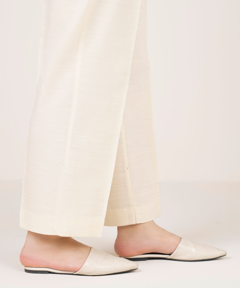 Women's RTW Khaddar Solid Off White Straight Pants