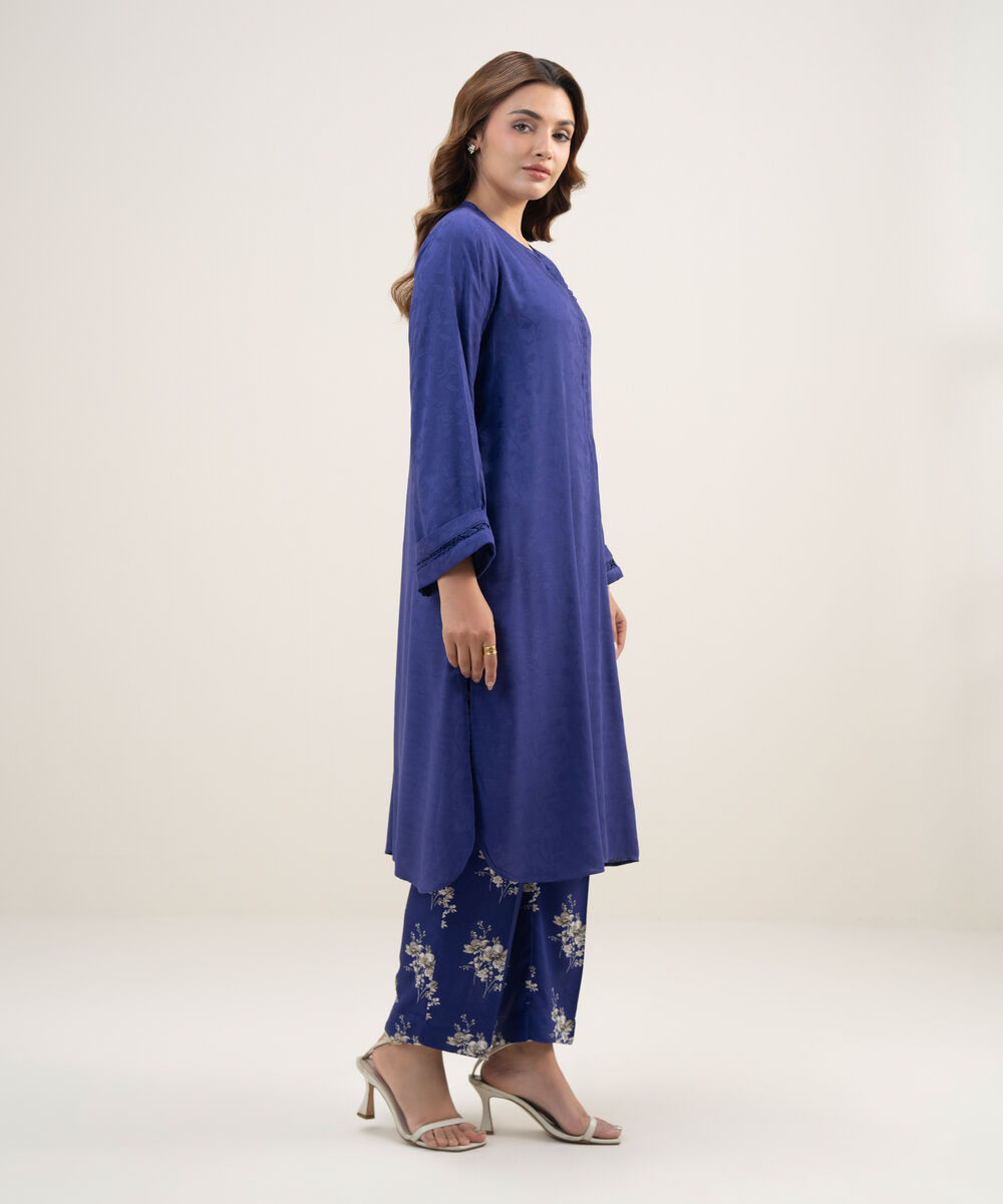 Women's RTW Arabic Self Jacquard Solid Dark Blue Straight Shirt