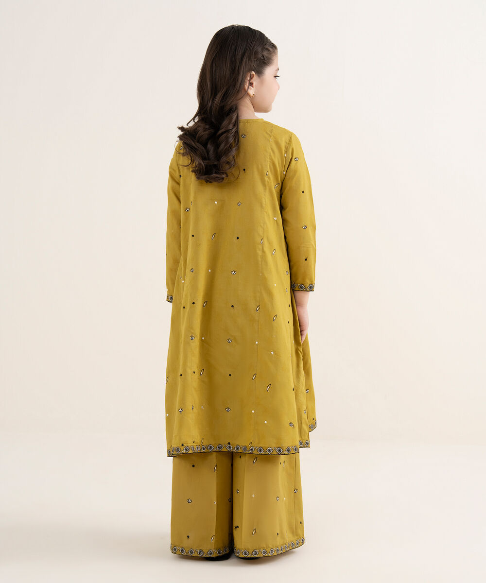 Girl's Cotton Jacquard Embroidered Yellow 2 Piece Set