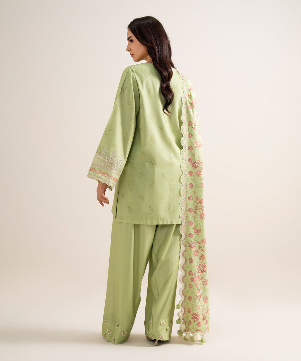 Women's Unstitched Embroidered Linen Light Mint Green 3 Piece Suit