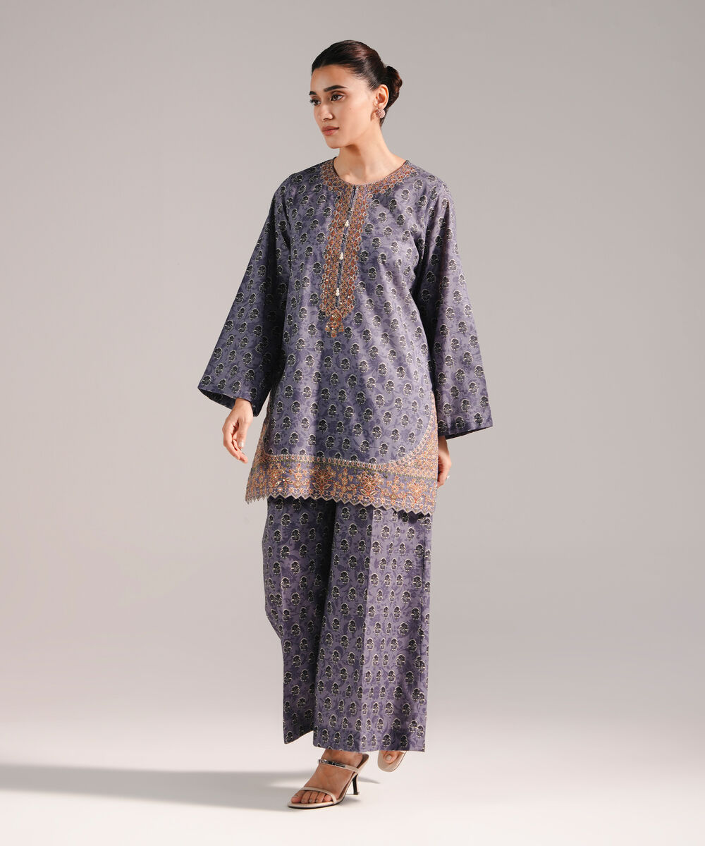 Women's RTW Slub Lawn Embroidered Slate Blue Straight Shirt