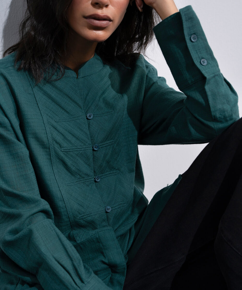 Women's Green Textured Shirt With Yoke Detail