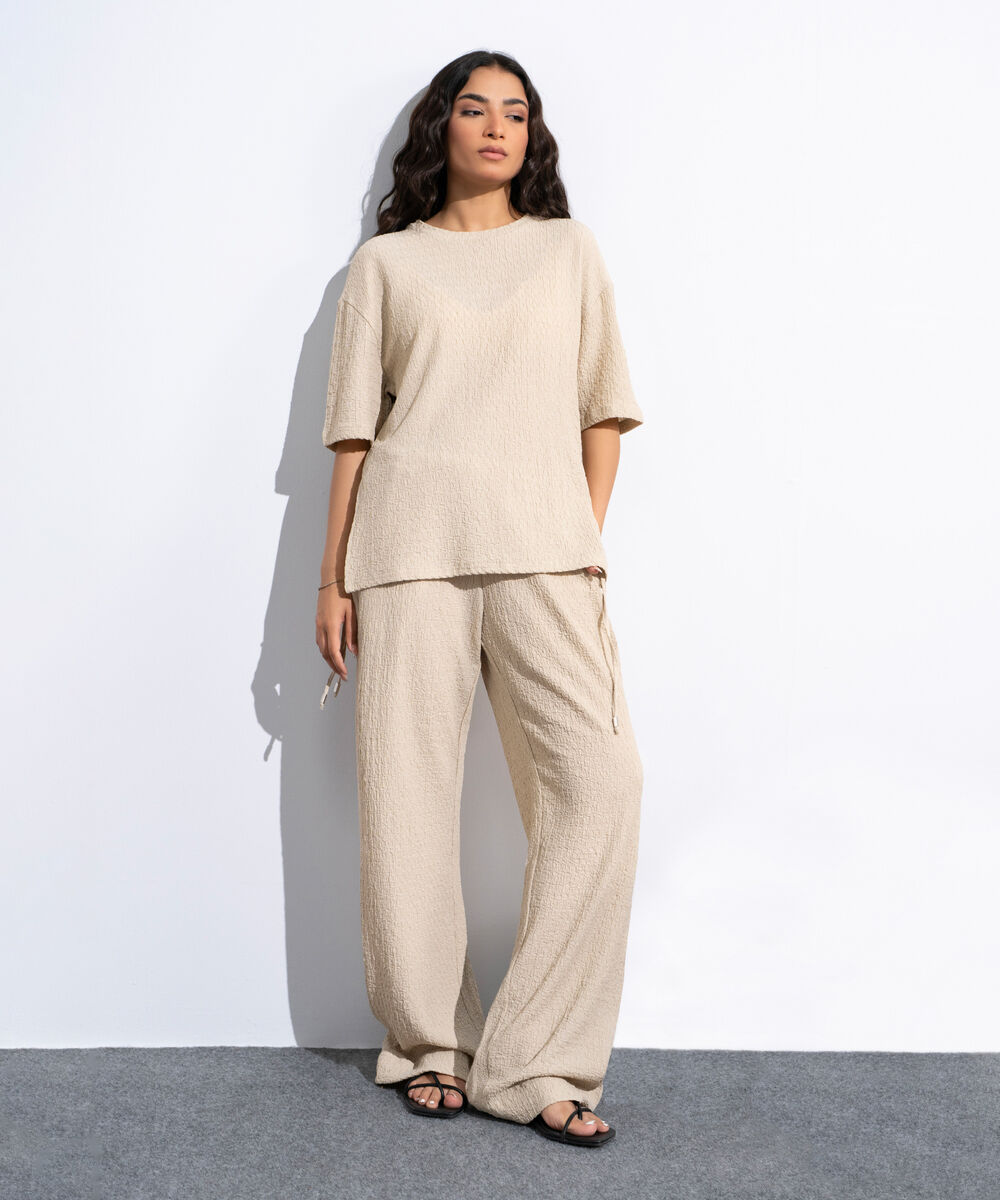 Women's Beige Pull-On  Textured Trousers With Tie Detail
