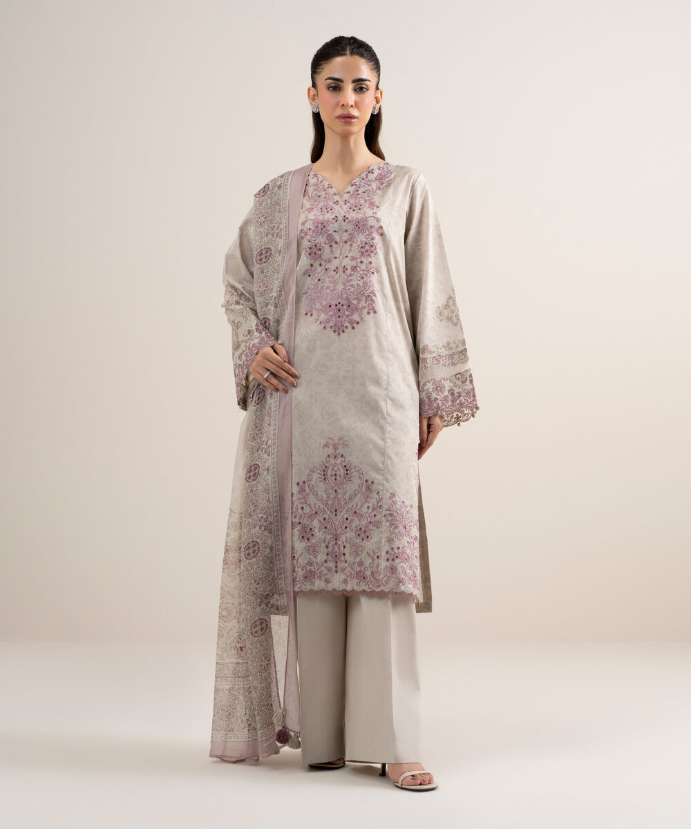 Women's Unstitched Lawn Embroidered Beige 3 Piece Suit