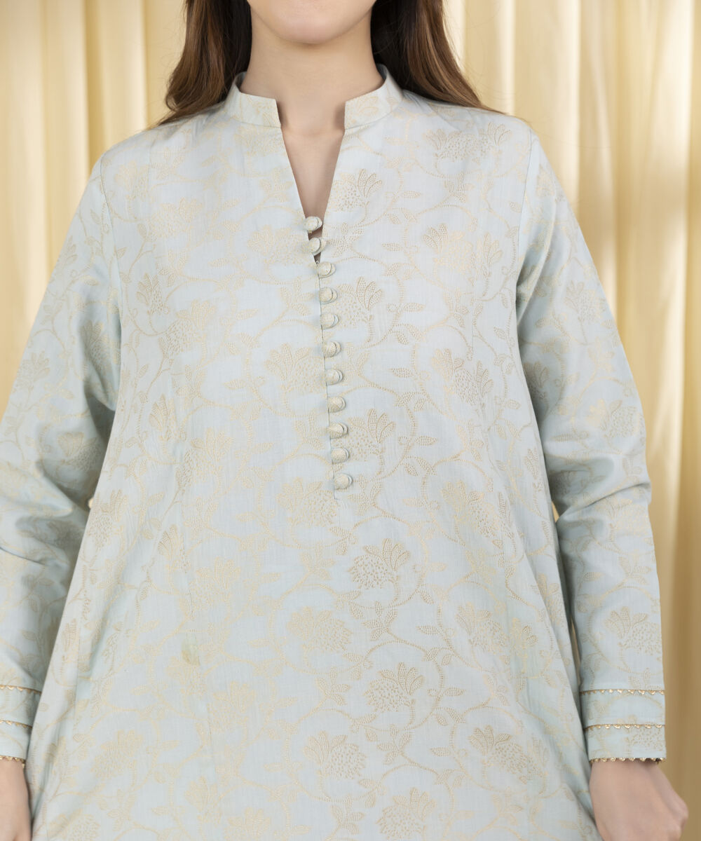 Unstitched Women's Blue Extra Weft Jacquard 3 Piece Suit