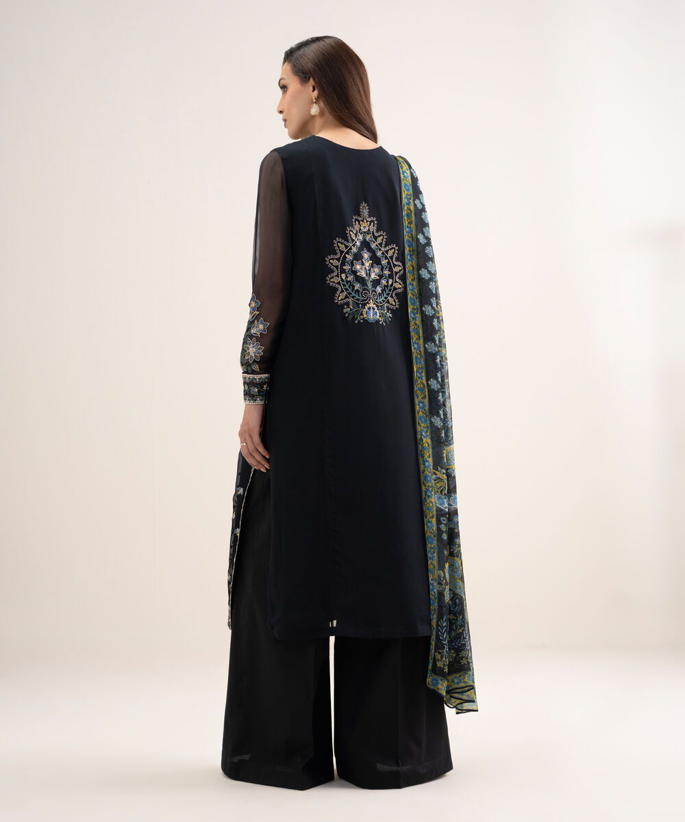 Women's Unstitched Blended Chiffon Embroidered Black 3 Piece Suit