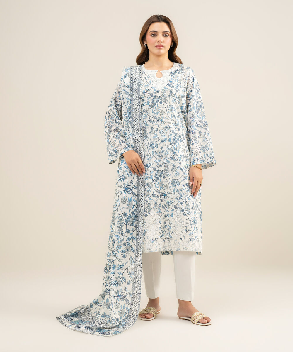 Women's Unstitched Lawn Embroidered Teal Blue and Off white 2 Piece Suit