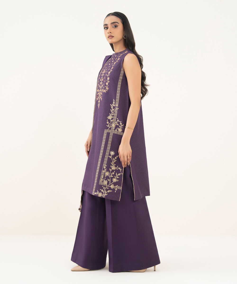 Women's Unstitched Embroidered Zari Khaddar Purple and Off White 3 Piece Suit