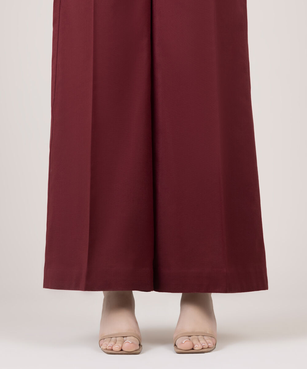 Women's RTW Cotton Linen Red Solid Flared Pants