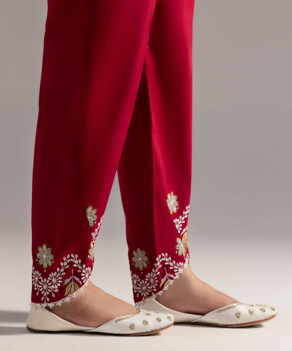 Women's RTW Seersucker Embroidered Red Skinny Shalwar