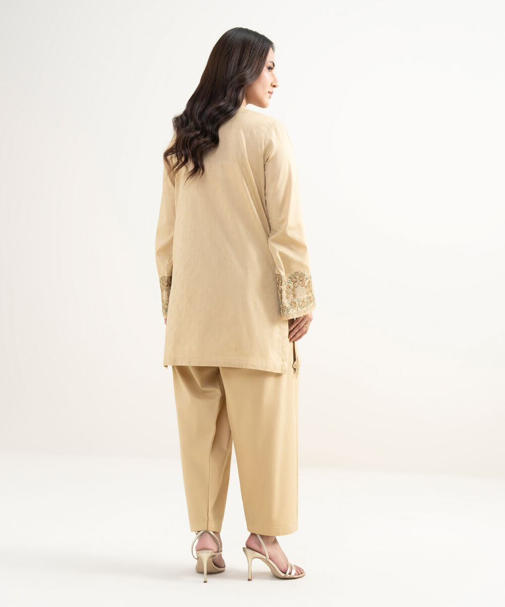 Women's RTW Self Jacquard Embroidered Beige Straight Shirt