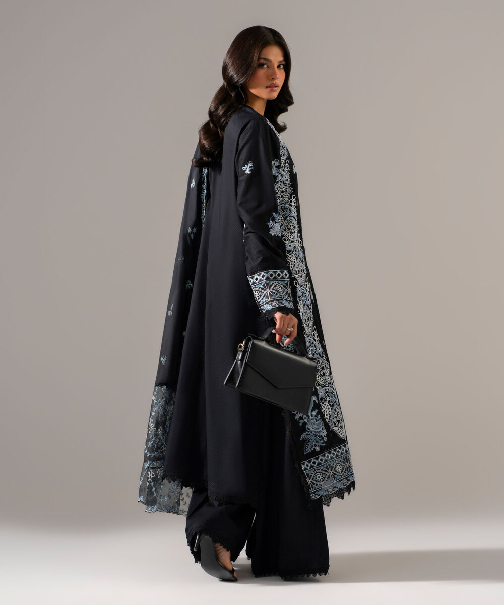 Women's RTW Dobby Solid Embroidered Black 3 Piece Suit