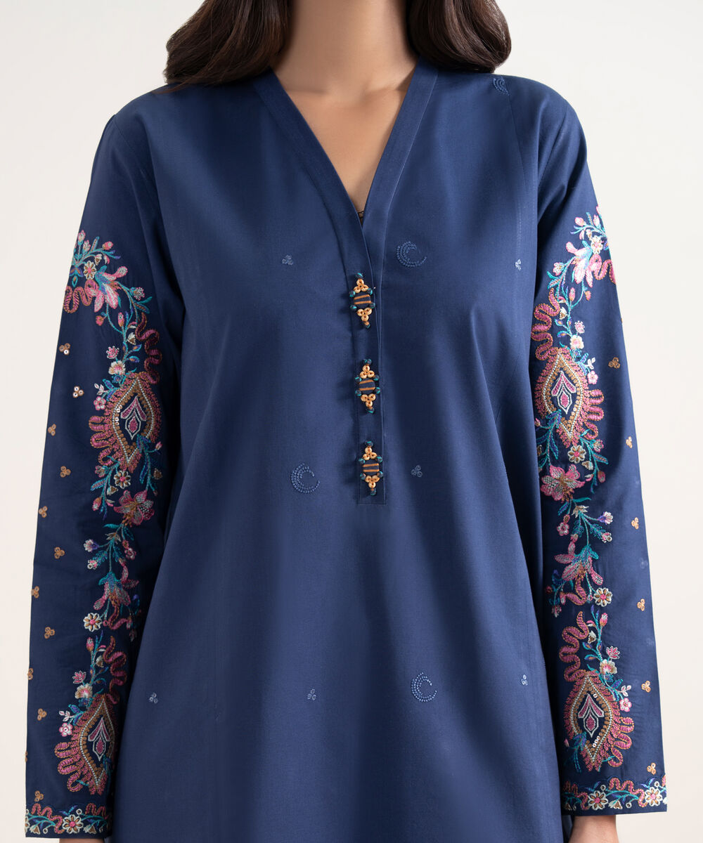 Women's Unstitched Textured Lawn Blue Embroidered 3 Piece Suit
