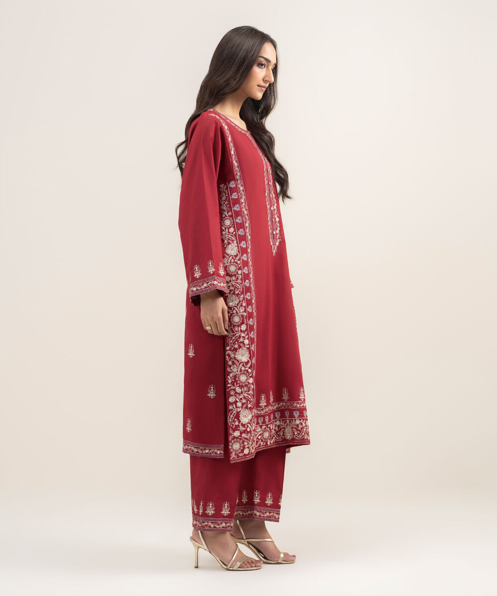 Women's RTW Dobby Embroidered Maroon 3 Piece Suit