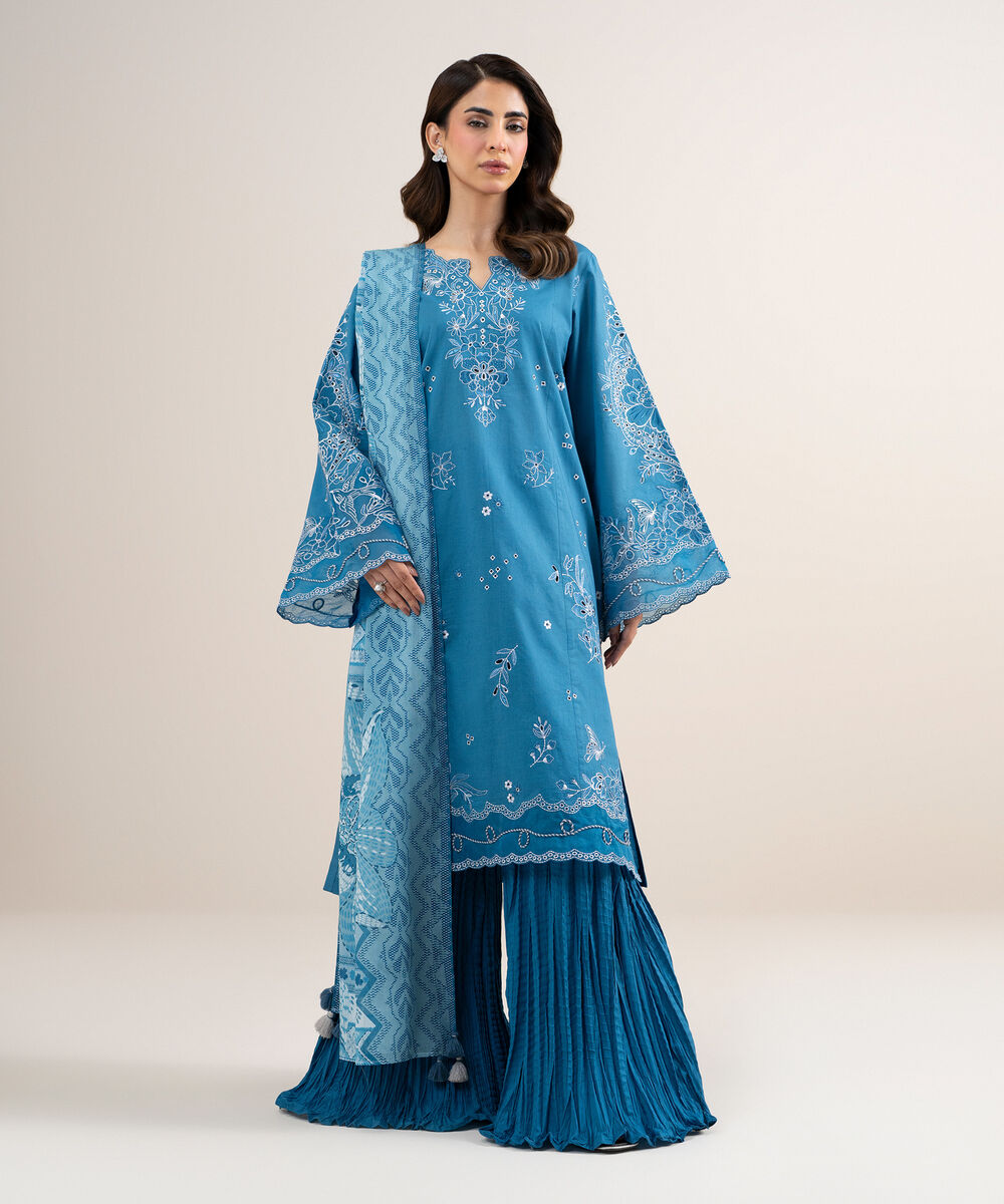 Women's Unstitched Textured Lawn Embroidered Blue 3 Piece Suit