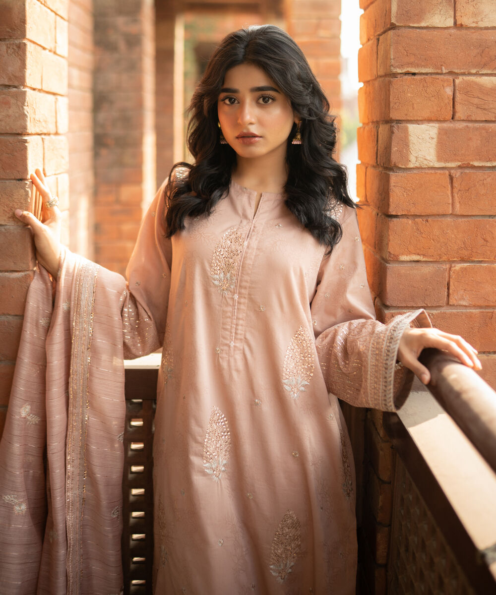 Women's RTW Self Jacquard Leno Embroidered Dusty Pink Straight Shirt