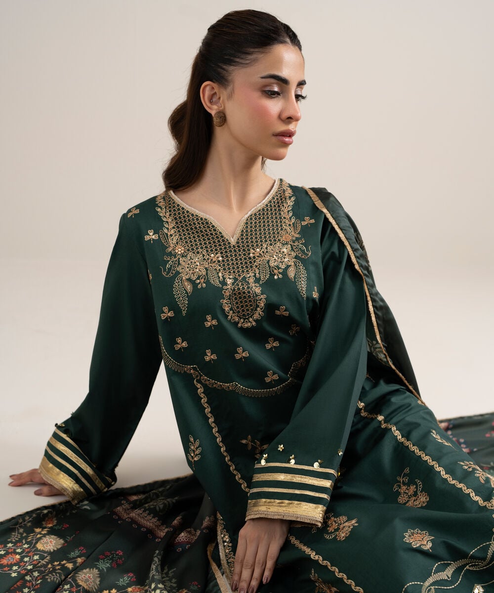 Women's Unstitched Dobby Embroidered Green 3 Piece Suit