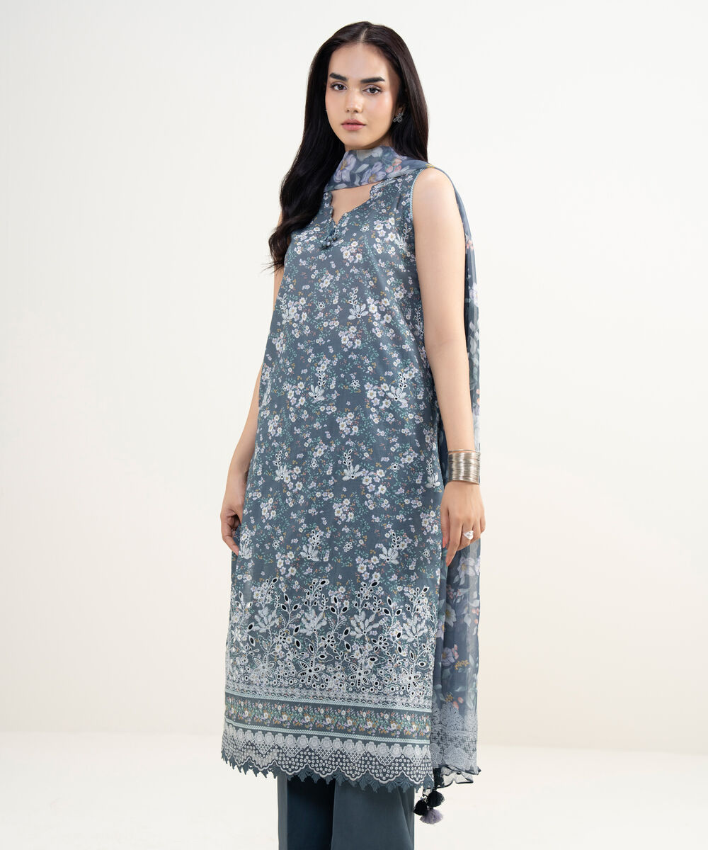 Women's Unstitched Lawn Embroidered Grey 3 Piece Suit