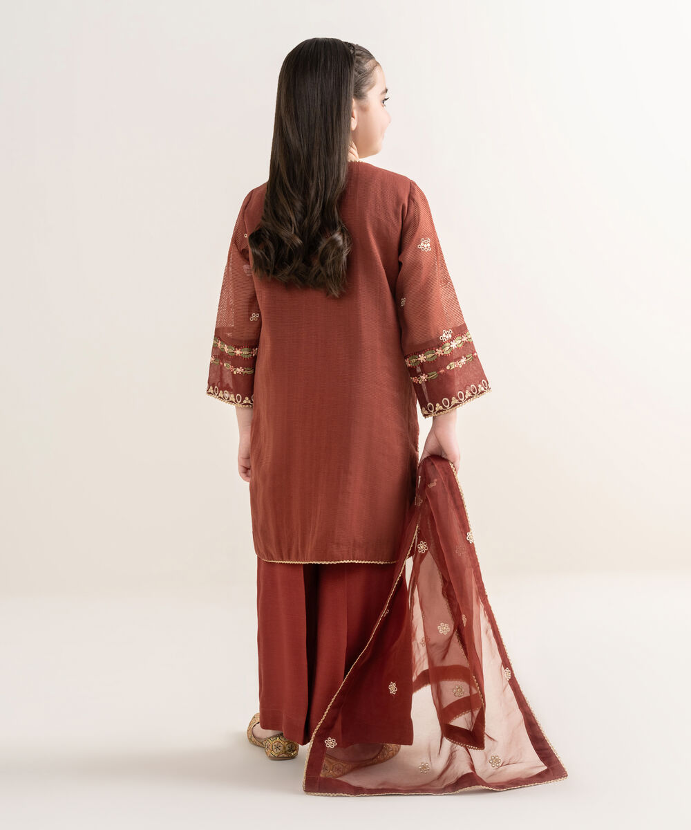 Girl's Blended Textured Karandi Brown Embroidered 3 Piece Suit