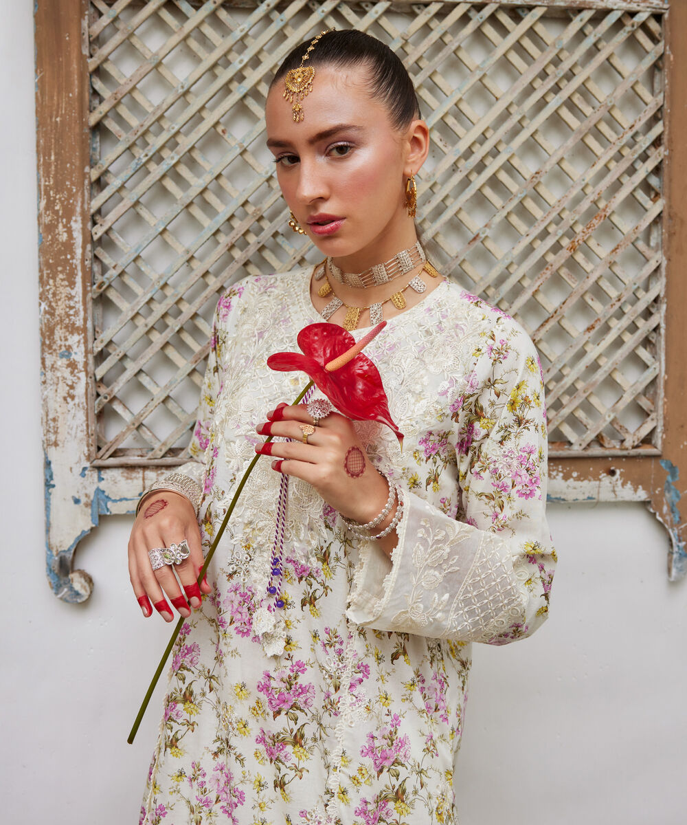 Women's RTW Lawn Embroidered Off White A-Line Shirt