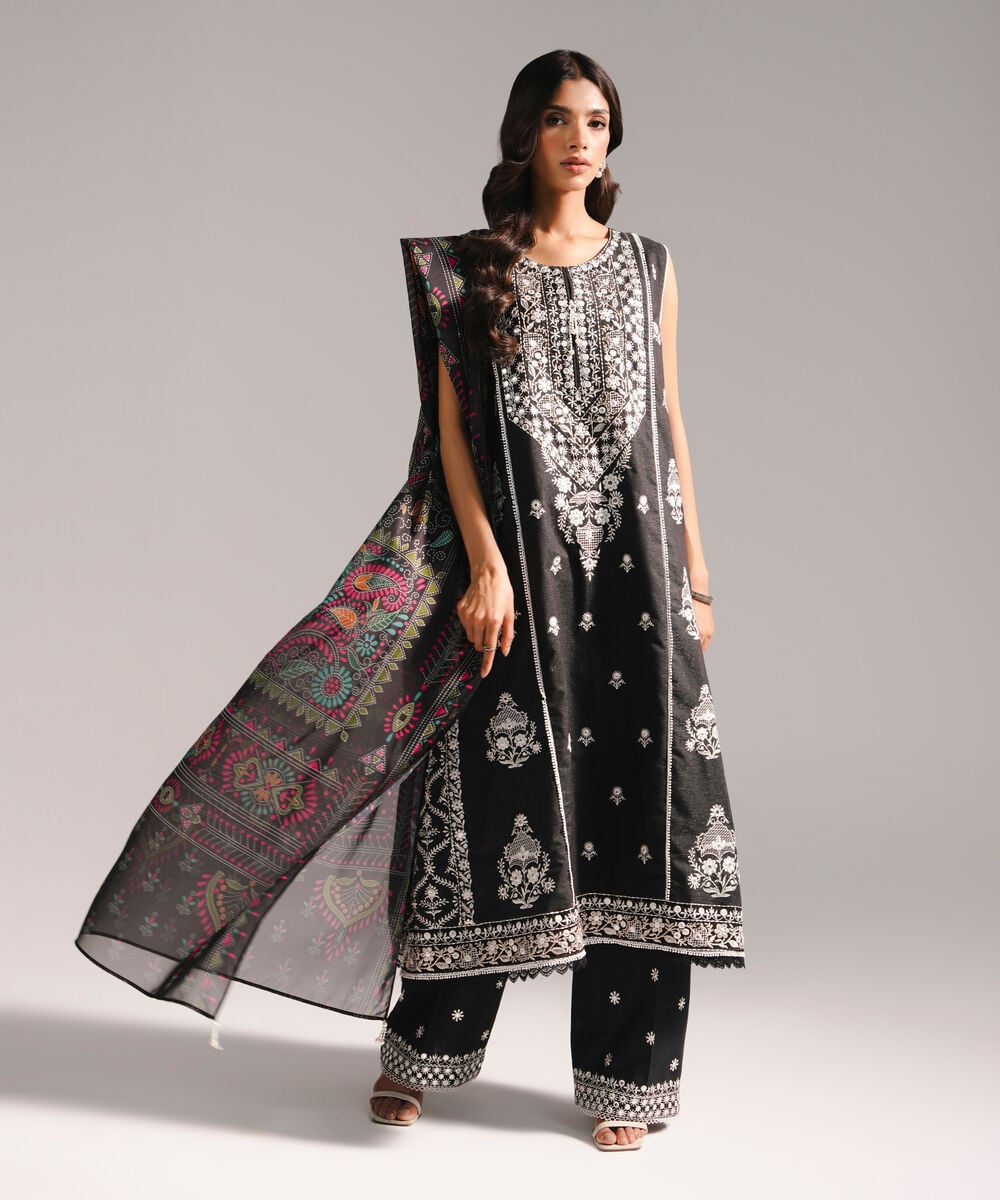 Women's RTW Fancy Cotton Embroidered Black 3 Piece Suit
