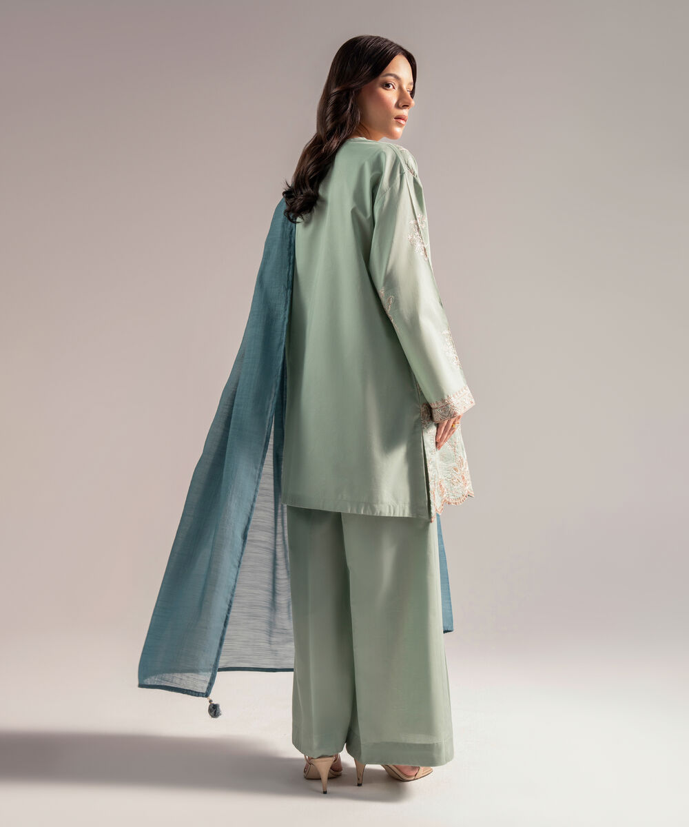 Women's RTW Cambric Embroidered Green 3 Piece Suit