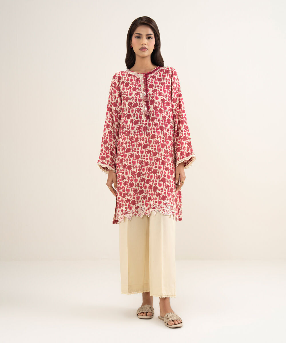 Women's RTW Viscose Raw Silk Embroidered Pink Straight Shirt