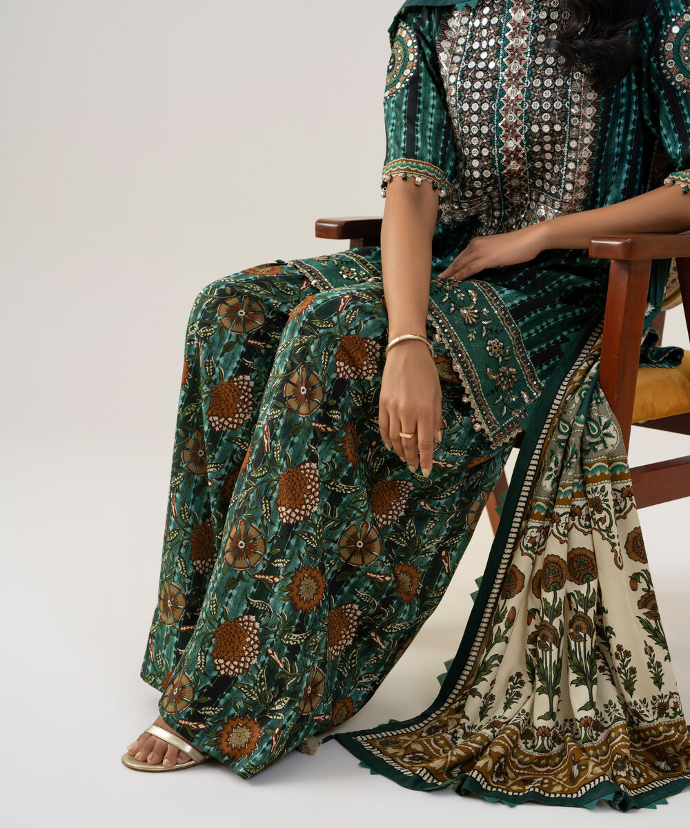 Women's Unstitched Linen Printed Green 3 Piece Suit