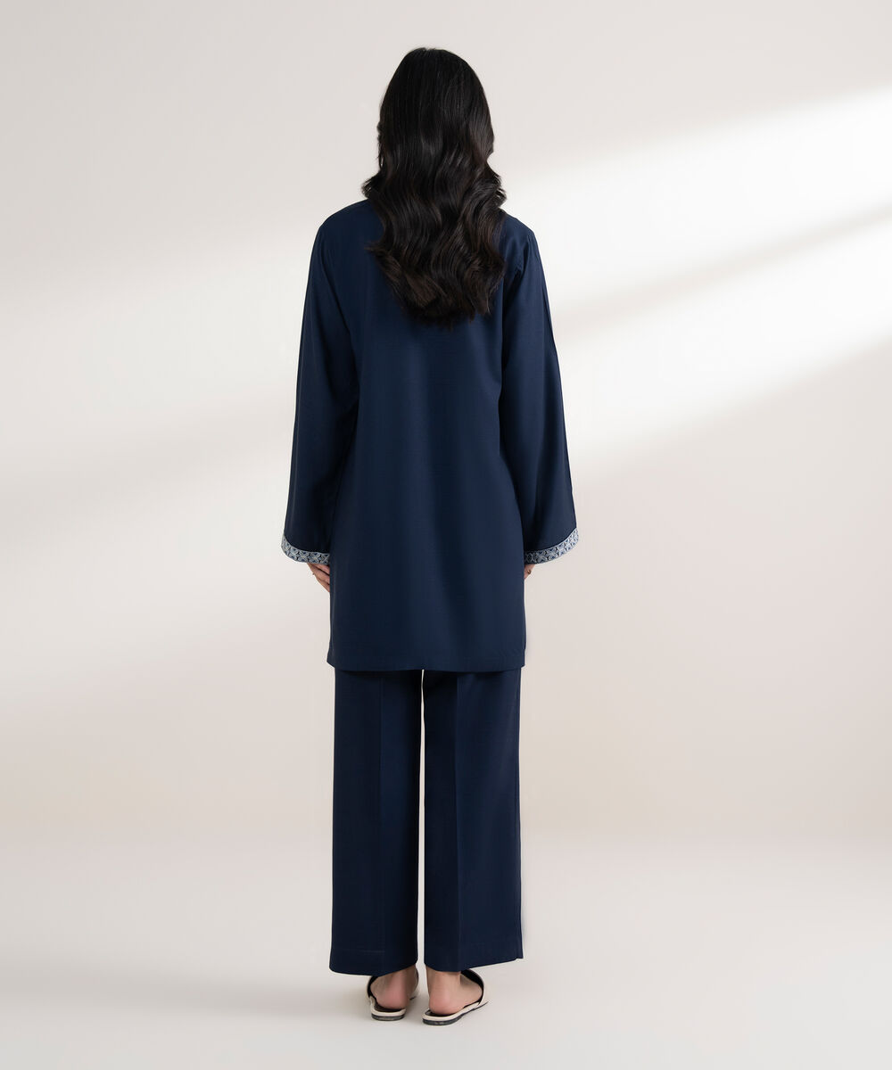 Women's RTW Arabic Khaddar Embroidered Navy Blue Straight Shirt