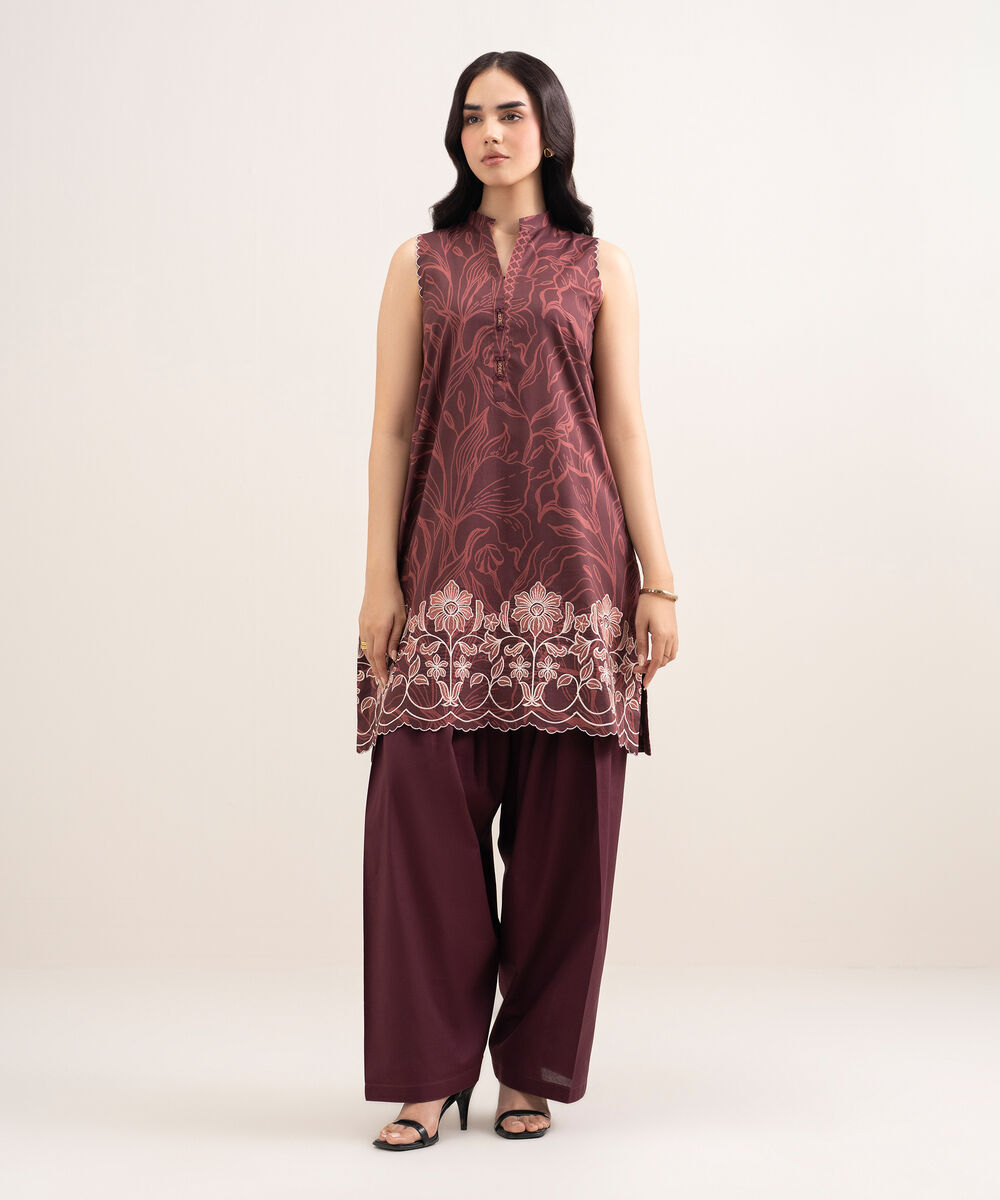 Women's Unstitched Lawn Embroidered Red 2 Piece Suit