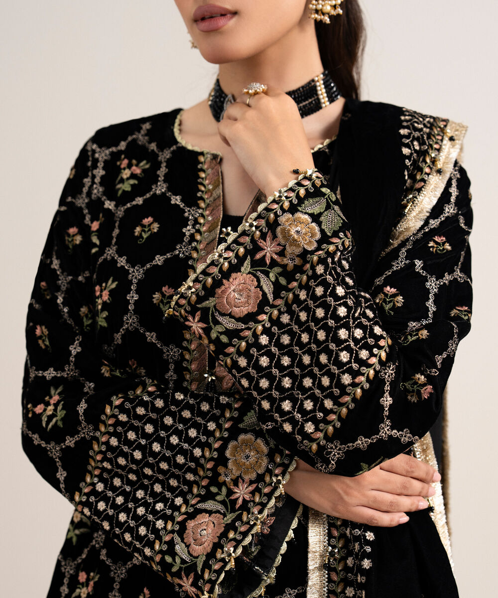 Women's Unstitched Embroidered Velvet Black 3 Piece Suit