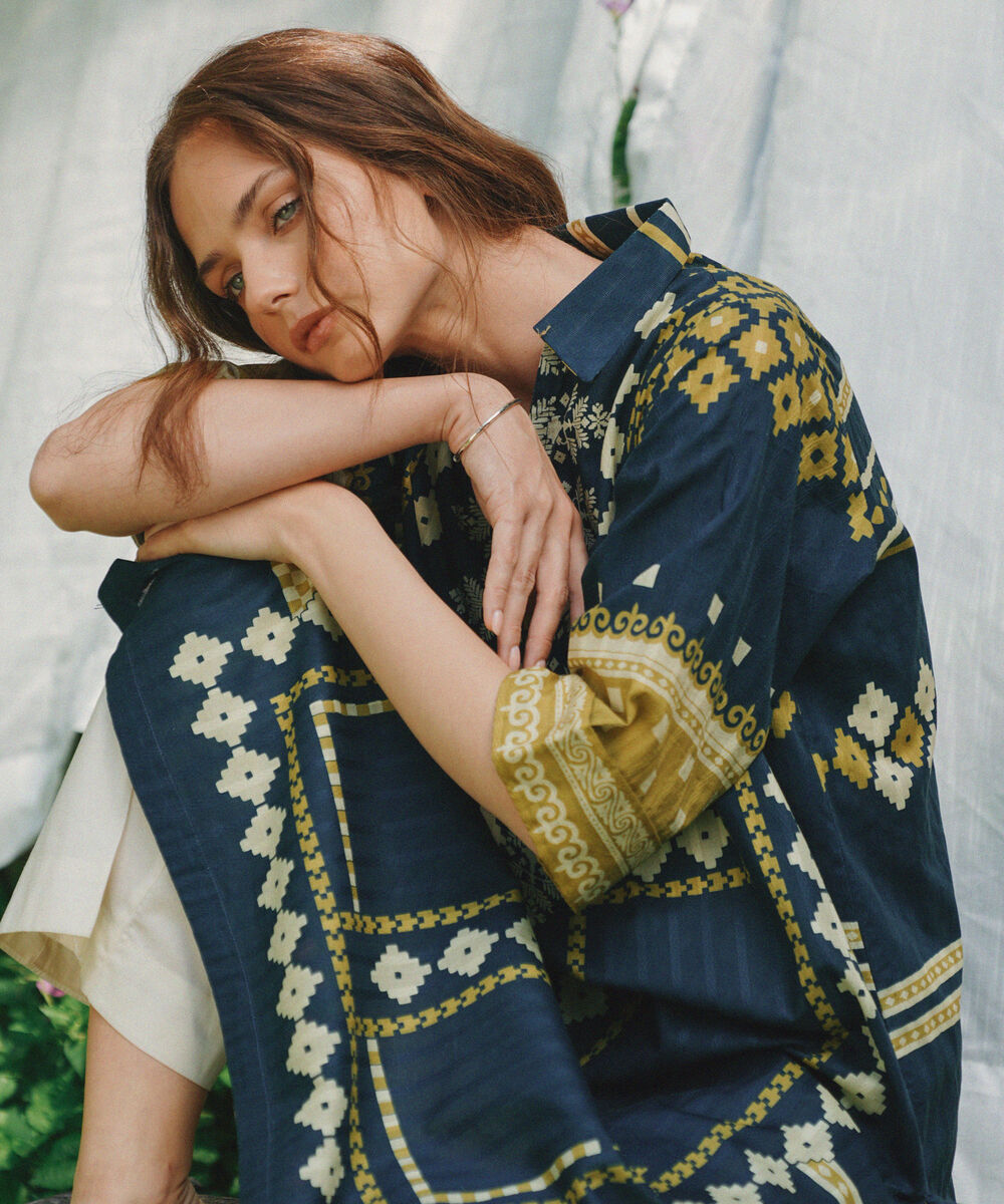 Women's RTW Textured Cotton Printed Blue A-Line Shirt