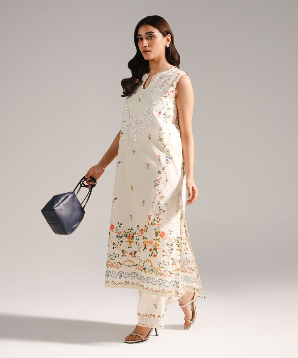 Women's RTW Lawn Embroidered A-Line White Shirt
