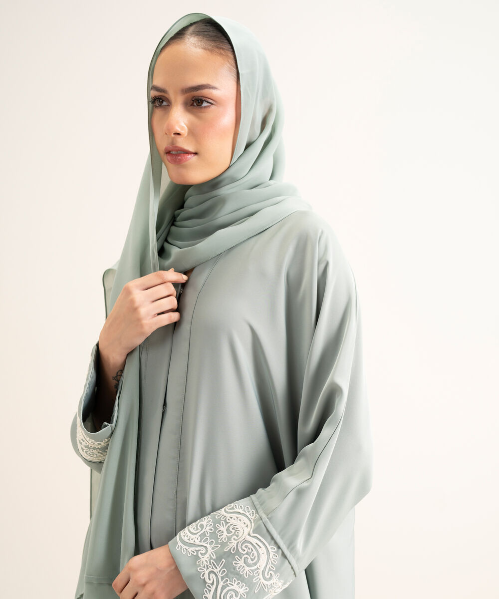 Women's Light Green Embroidered Kimono Abbaya Set