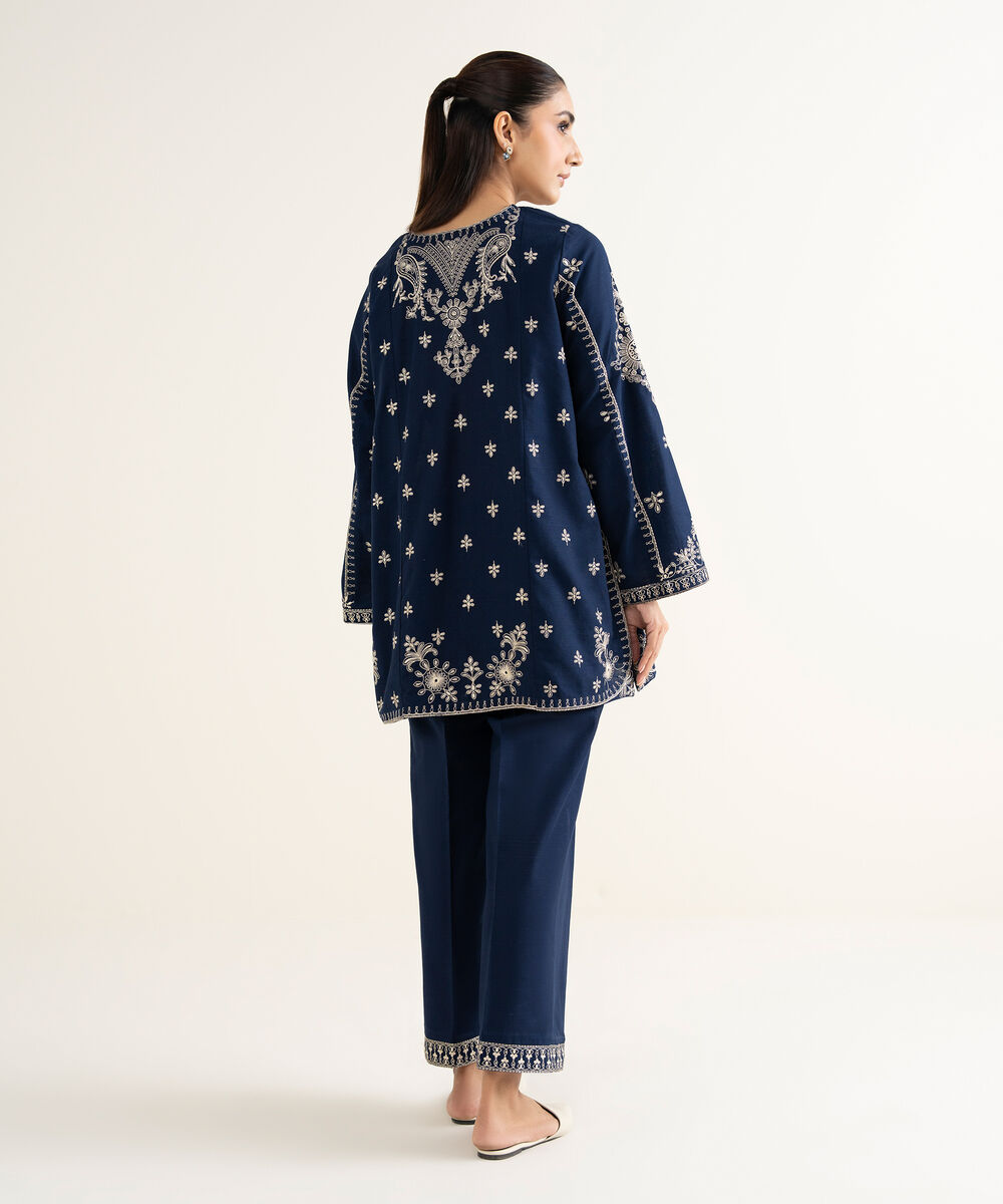 Women's RTW Khaddar Embroidered Blue Straight Shirt