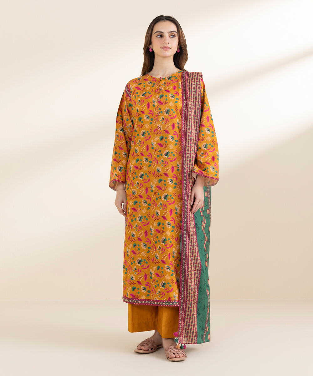 Women's Unstitched Lawn Printed Orange 2 Piece Suit