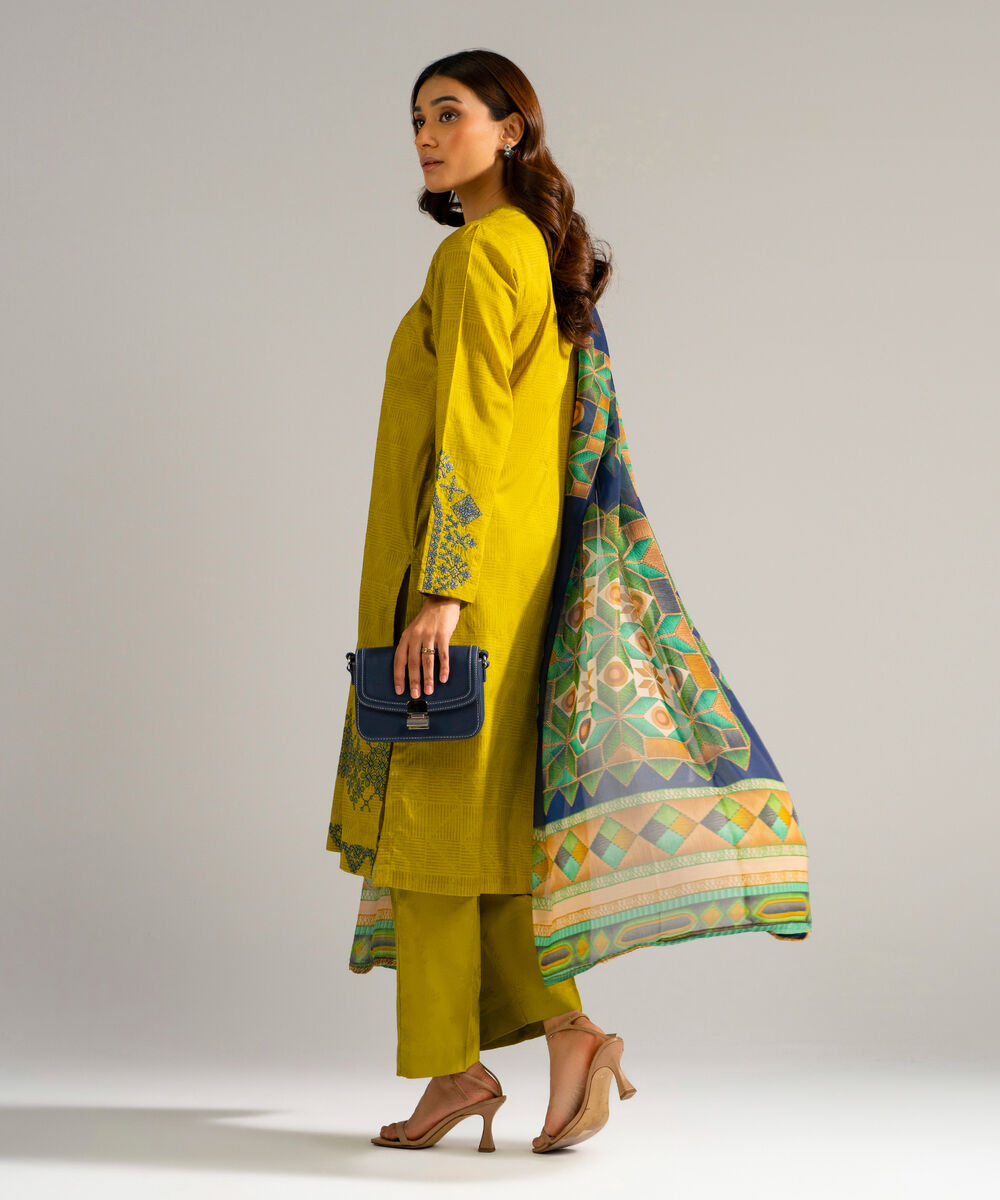 Women's RTW Self Jacquard Embroidered Green 3 Piece Suit