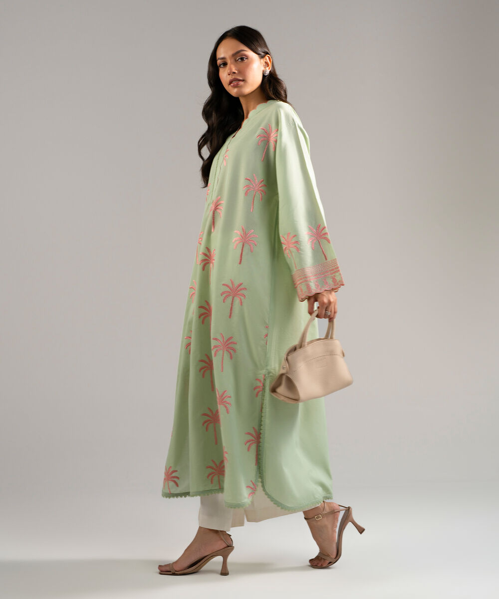 Women's RTW Zari Lawn Embroidered Green Drop Shoulder Shirt