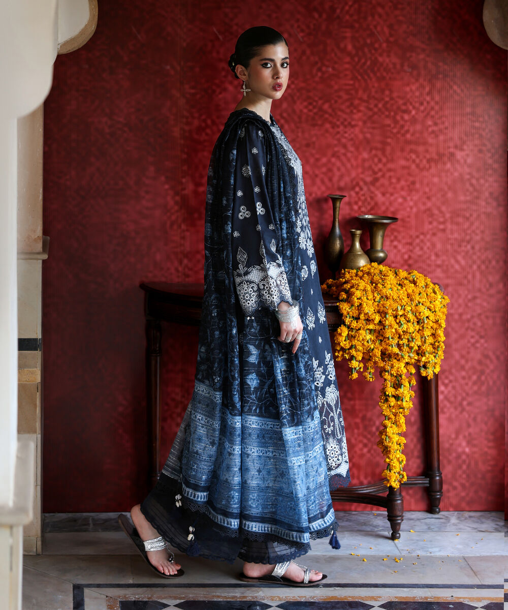 Women's RTW Self Jacquard Embroidered Dark Blue 3 Piece Suit